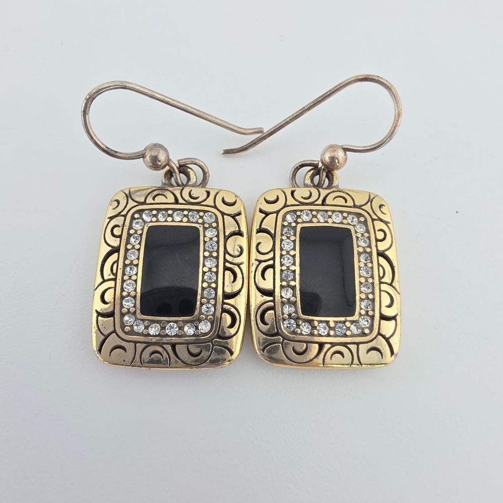 BRIGHTON 'Rhythms' Earrings Crystal Halo Scrollwork Drop Silver & Gold Plate
